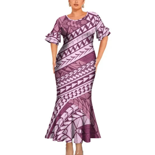 Polynesian Printed Pattern Purple Matching Outfit For Couple Clothing Tropical Fishtail Dress And Shirt For Her Him