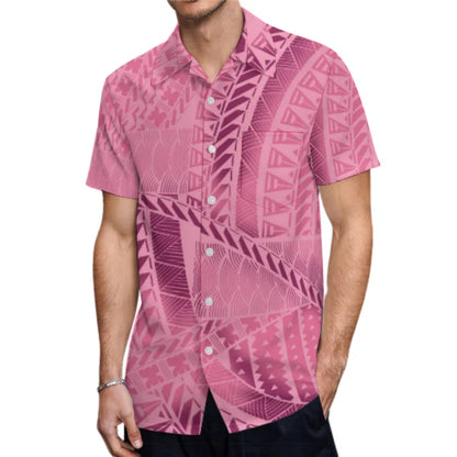 Pink Polynesian Tribal Pattern Matching Outfit For Couple Puletasi Dress Man Shirt Party Set
