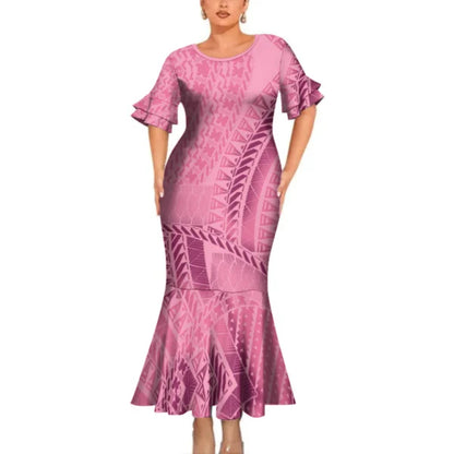 Polynesian Printed Pattern Pink Matching Outfit For Couple Clothing Tropical Fishtail Dress And Shirt For Her Him