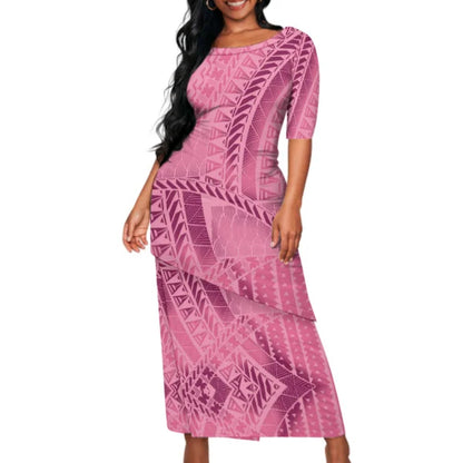 Pink Polynesian Tribal Pattern Matching Outfit For Couple Puletasi Dress Man Shirt Party Set