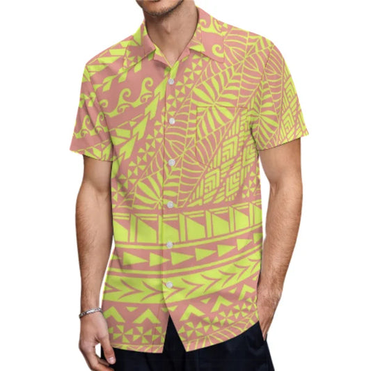Yellow Polynesian Tribal Pattern Matching Outfit For Couple Puletasi Dress Man Shirt Party Set