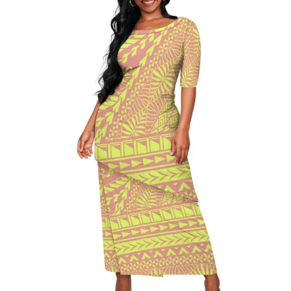 Yellow Polynesian Tribal Pattern Matching Outfit For Couple Puletasi Dress Man Shirt Party Set