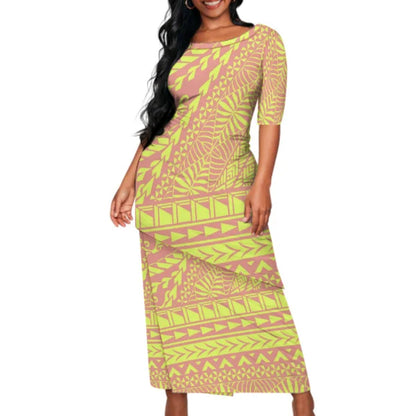 Yellow Polynesian Tribal Pattern Matching Outfit For Couple Puletasi Dress Man Shirt Party Set