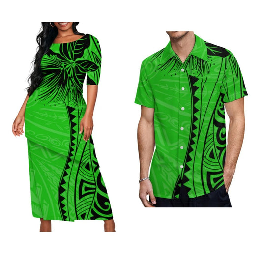 Tropical Tree Polynesian Tribal Pattern Green Matching Outfit For Couple Polynesian Puletasi Dress Two-Piece Suit With Men's Shirt
