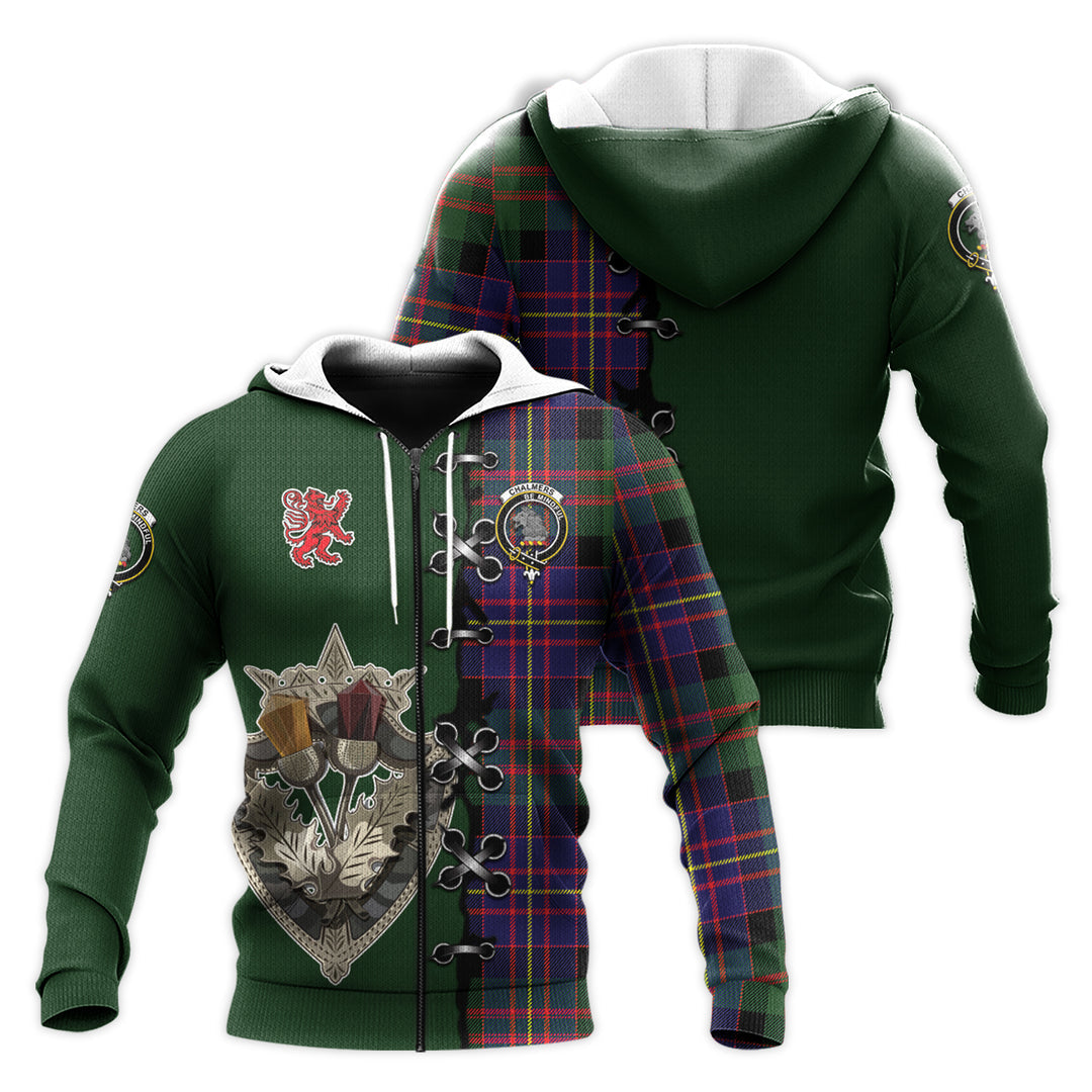 Printivon Chalmers Modern Tartan Hoodie Lion Rampant And Celtic Thistle Style