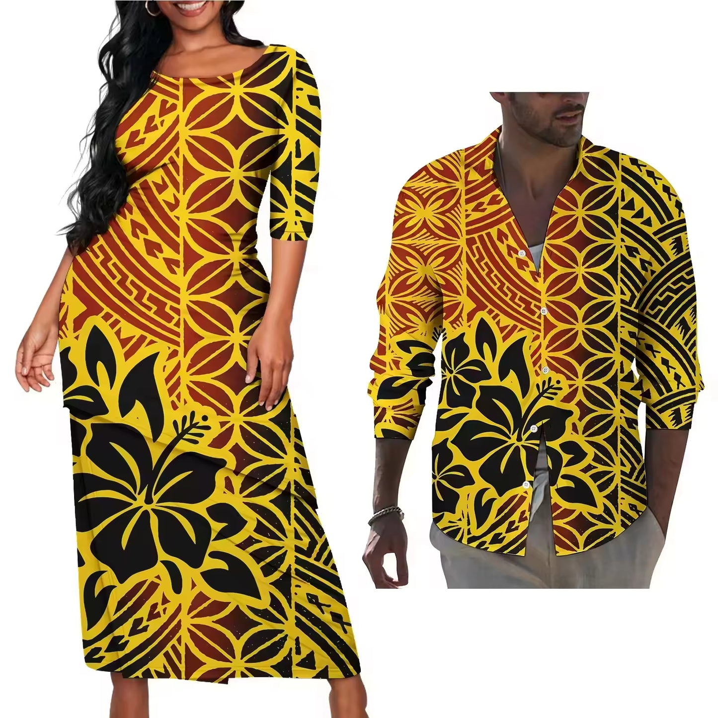 Vintage Polynesian Hibiscus Flowers Pattern Couple Matching Outfit Polynesian Tribal Yellow Puletasi Dress Men's Long Sleeve Button Shirt