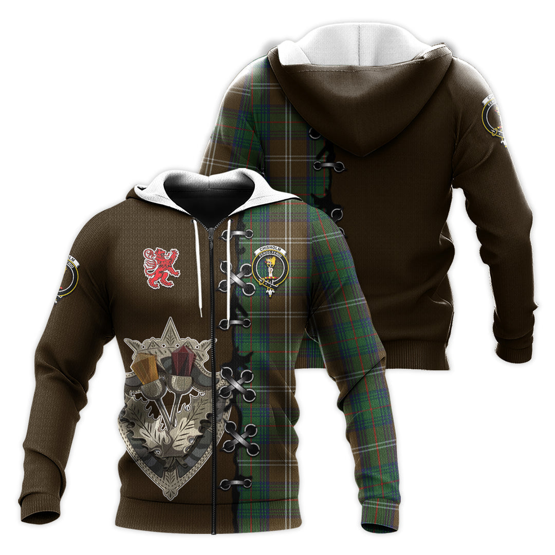 Printivon Chisholm Hunting Tartan Hoodie Lion Rampant And Celtic Thistle Style