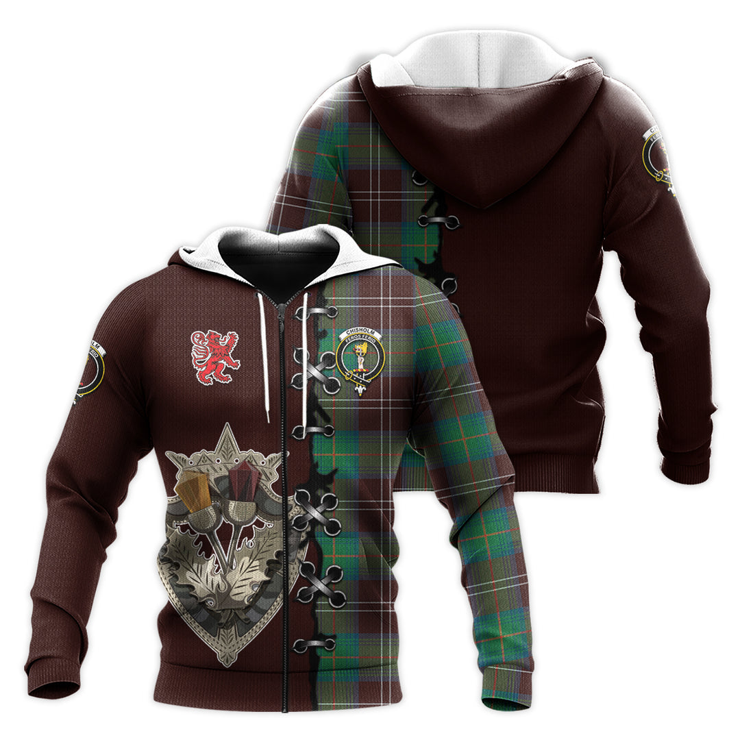 Printivon Chisholm Hunting Ancient Tartan Hoodie Lion Rampant And Celtic Thistle Style