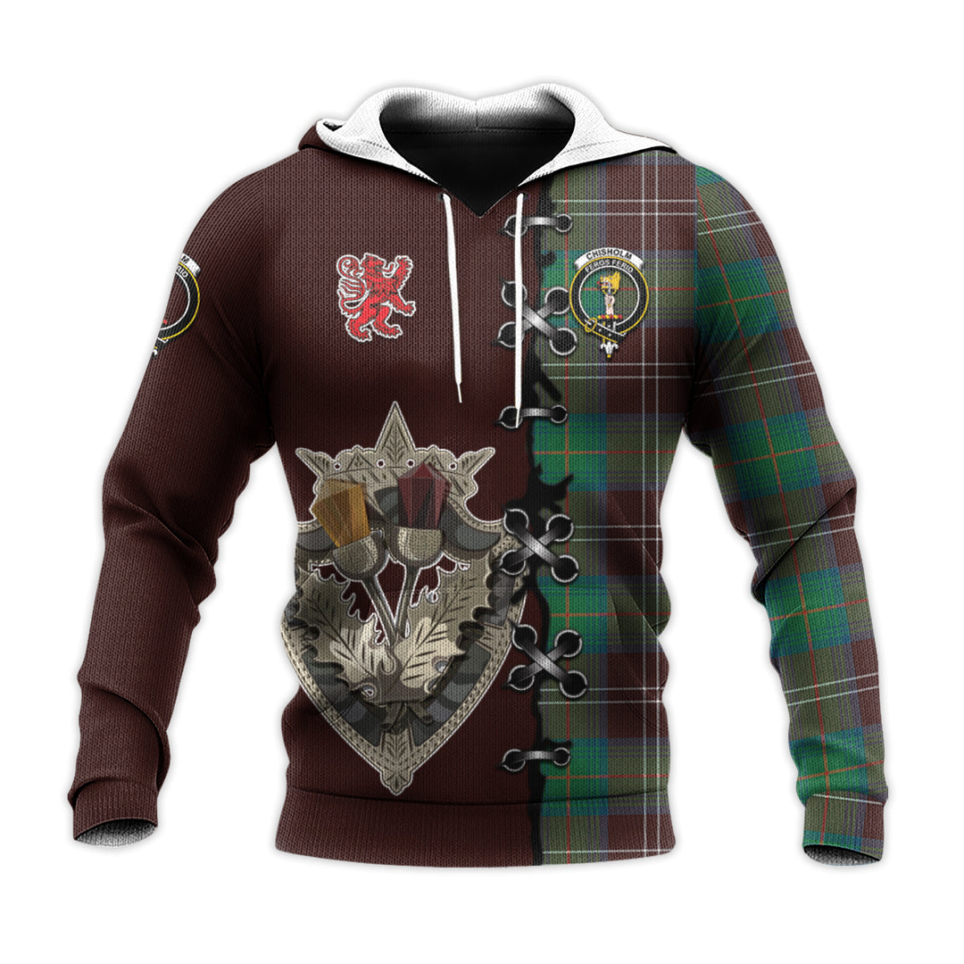 Printivon Chisholm Hunting Ancient Tartan Hoodie Lion Rampant And Celtic Thistle Style