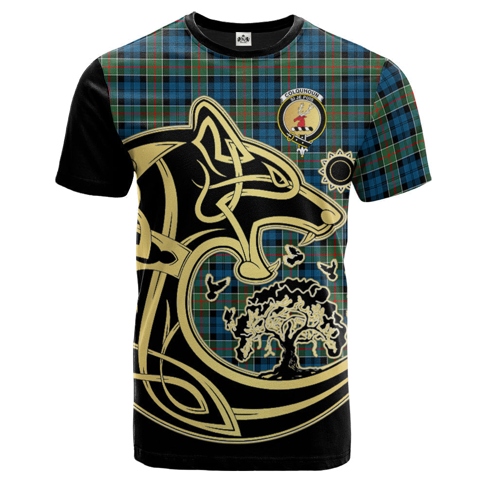 Printivon Colquhoun Ancient Crest Celtic Wolf Tartan T Shirt Custom Your Text