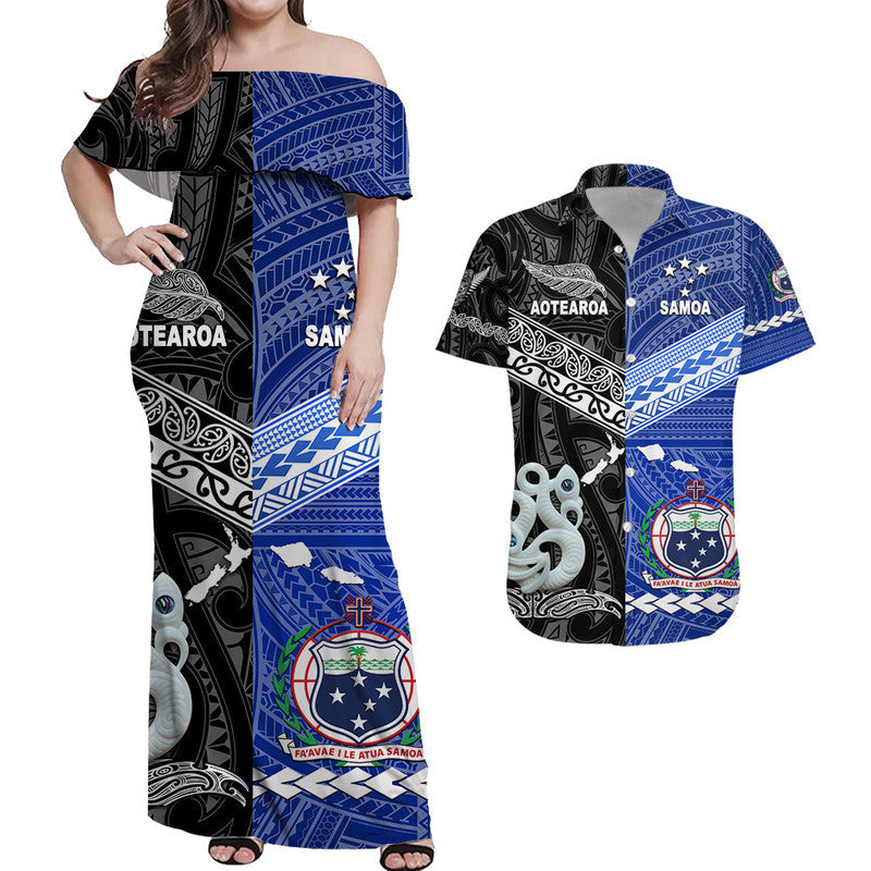 Samoa And New Zealand Combo Dress and Hawaiian Shirt Matching Couples Outfit Together Black