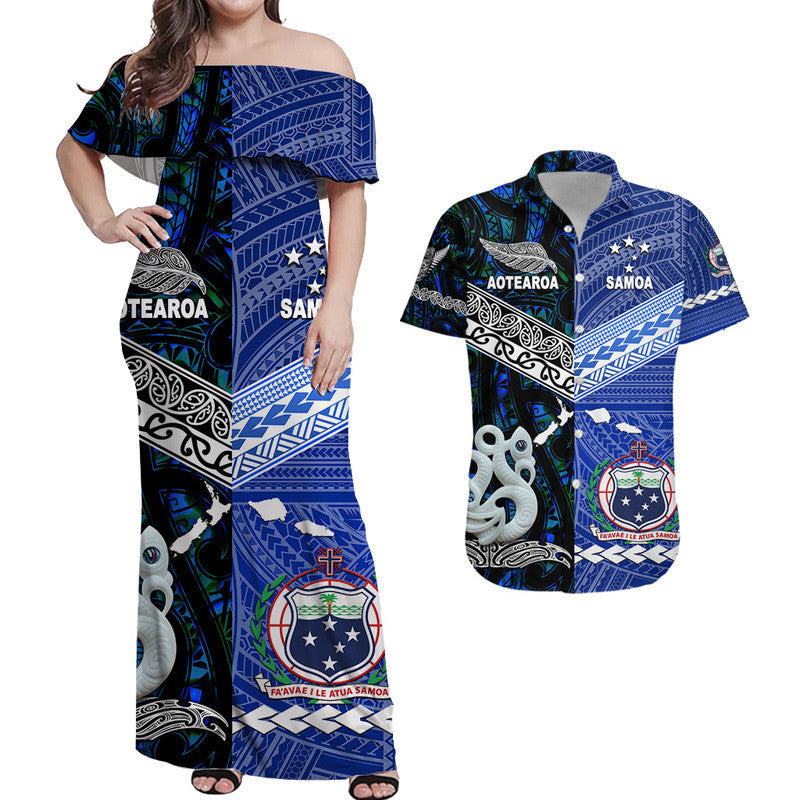 (Custom Personalised) Samoa And New Zealand Combo Dress and Hawaiian Shirt Matching Couples Outfit Together Blue