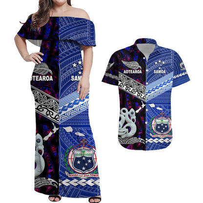 (Custom Personalised) Samoa And New Zealand Combo Dress and Hawaiian Shirt Matching Couples Outfit Together Purple
