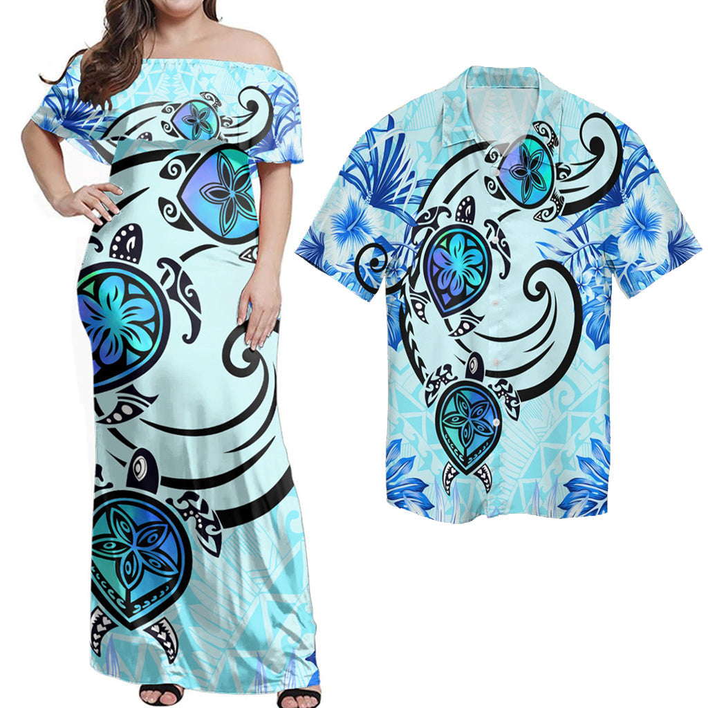 Matching Hawaiian Outfits Hawaii Polynesian Combo Dress and Shirt Plumeria Hibiscus Turtle Jack Style Blue