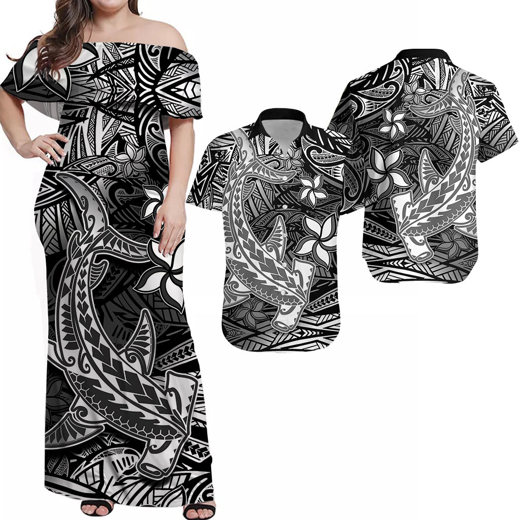 Hawaii Matching Outfits For Couples Polynesian Combo Dress And Hawaiian Shirt Black Hawaiian Tribal Hammerhead Shark