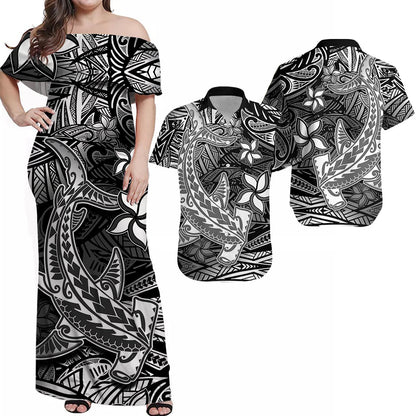 Hawaii Matching Outfits For Couples Polynesian Combo Dress And Hawaiian Shirt Black Hawaiian Tribal Hammerhead Shark