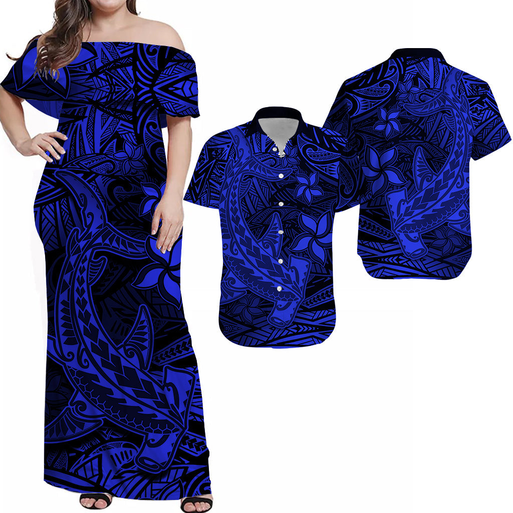 Matching Hawaiian Outfits For Couples Polynesian Combo Dress And Hawaiian Shirt Blue Hawaiian Tribal Hammerhead Shark