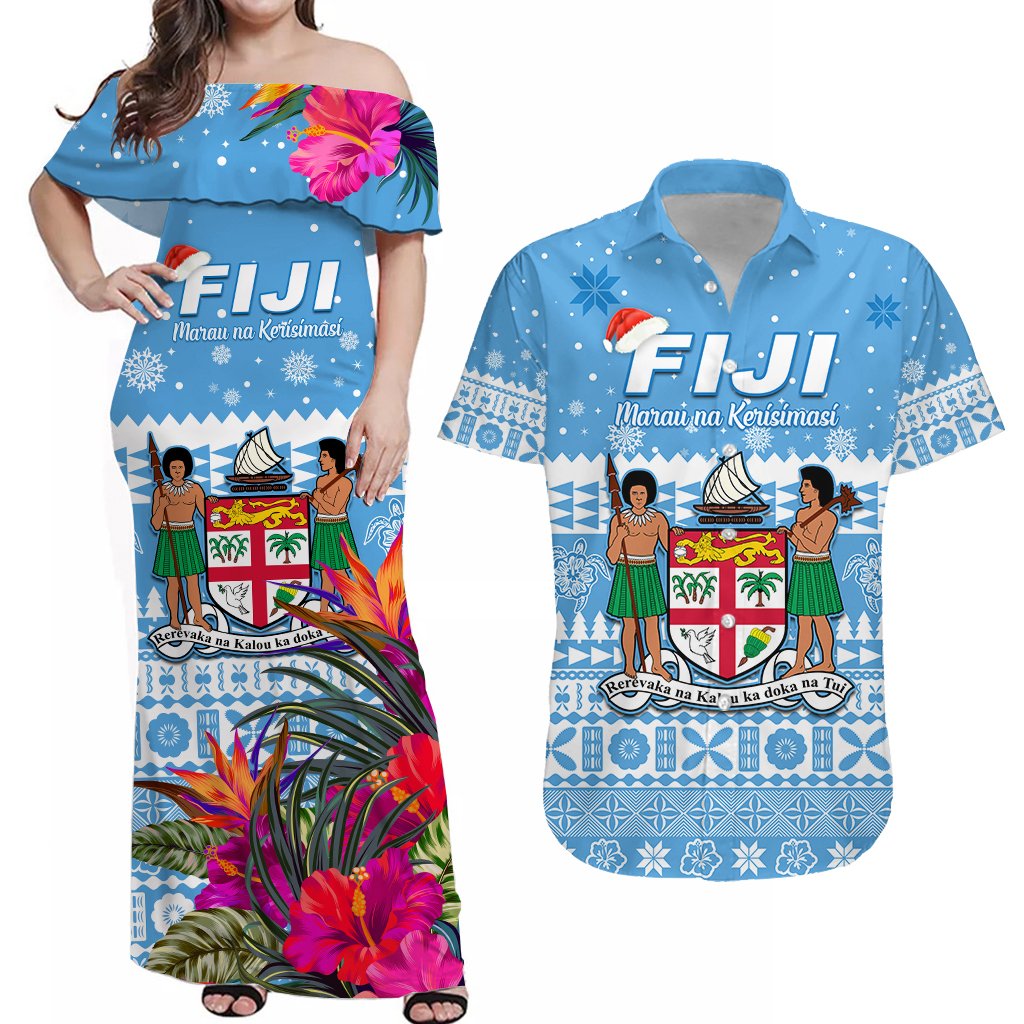 (Custom Personalised) Fiji Matching Outfit For Couple Merry Christmas Combo Dress and Hawaiian Shirt Tapa and Hibiscus