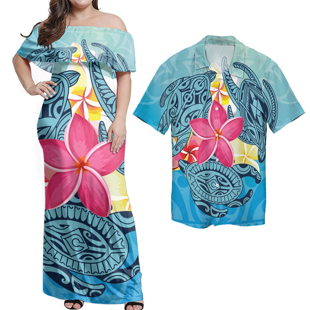 Hawaiian Matching Outfits For Couples Hawaii Combo Dress and Shirt Hawaii Plumeria Deep Sea Circle Turtle