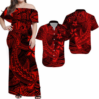 Matching Outfits For Couples Polynesian Combo Dress And Hawaiian Shirt Red Hawaiian Tribal Hammerhead Shark