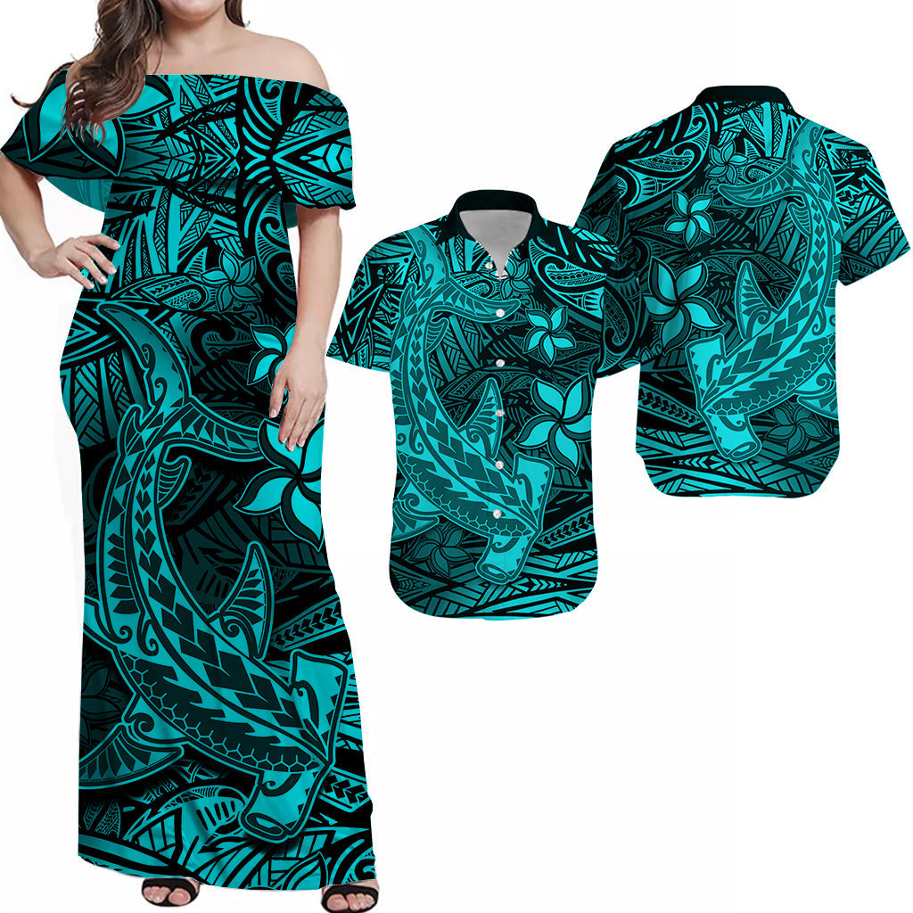 Matching Outfits For Couples Polynesian Combo Dress And Hawaiian Shirt Turquoise Hawaiian Tribal Hammerhead Shark