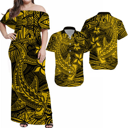 Matching Outfits For Couples Polynesian Combo Dress And Hawaiian Shirt Gold Hawaiian Tribal Hammerhead Shark