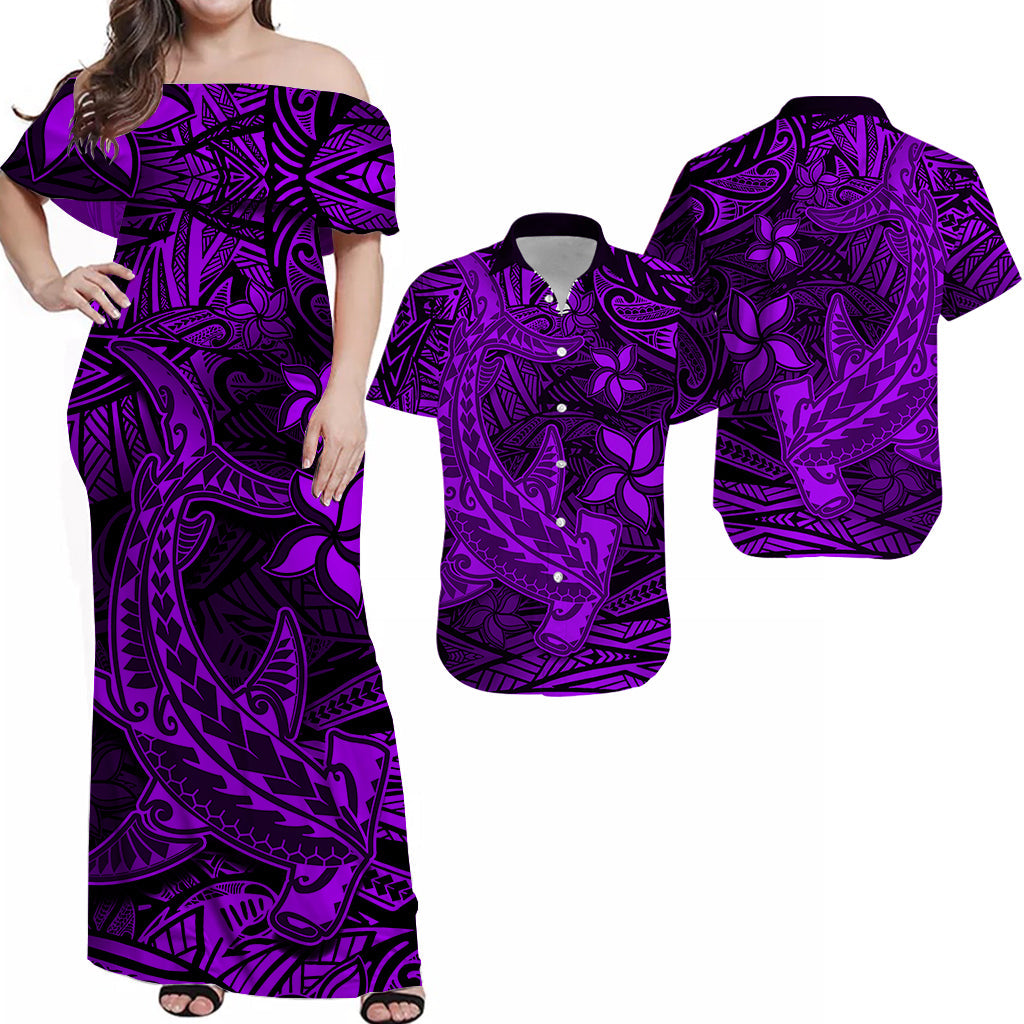 His And Her Matching Outfits Polynesian Combo Dress And Hawaiian Shirt Purple Hawaiian Tribal Hammerhead Shark