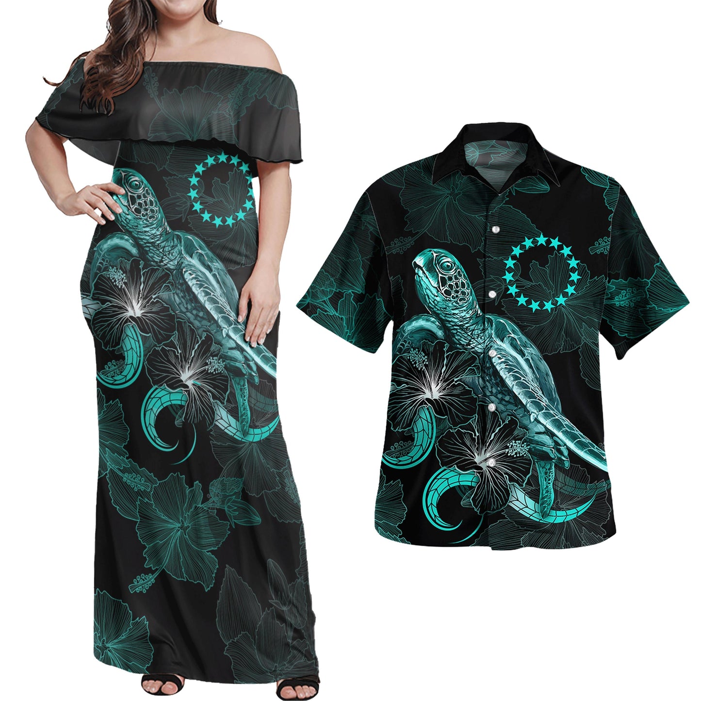 Matching Outfits For Couples Cook Islands Combo Dress And Shirt Cook Islands Coat Of Arms Turtle Blooming Hibiscus Turquoise