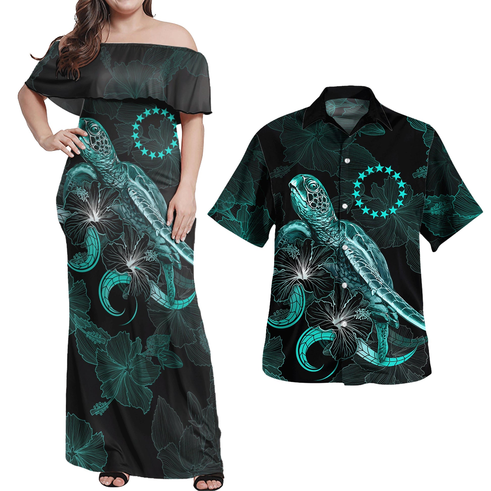 Matching Outfits For Couples Cook Islands Combo Dress And Shirt Cook Islands Coat Of Arms Turtle Blooming Hibiscus Turquoise