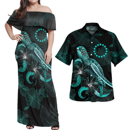 Matching Outfits For Couples Cook Islands Combo Dress And Shirt Cook Islands Coat Of Arms Turtle Blooming Hibiscus Turquoise