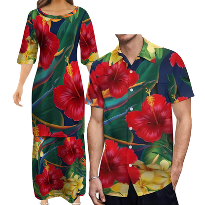Hibiscus Tropical Matching Outfit For Couple Polynesian Women's Puletasi Dress Men's Shirt Polynesian Matching Outfit