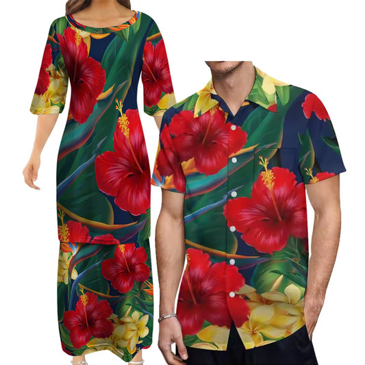 Hibiscus Tropical Matching Outfit For Couple Polynesian Women's Puletasi Dress Men's Shirt Polynesian Matching Outfit