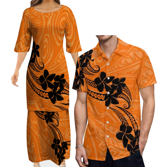 Plumeria Pattern Orange Pattern Women's Puletasi Dress Men's Shirt Polynesian Matching Outfit