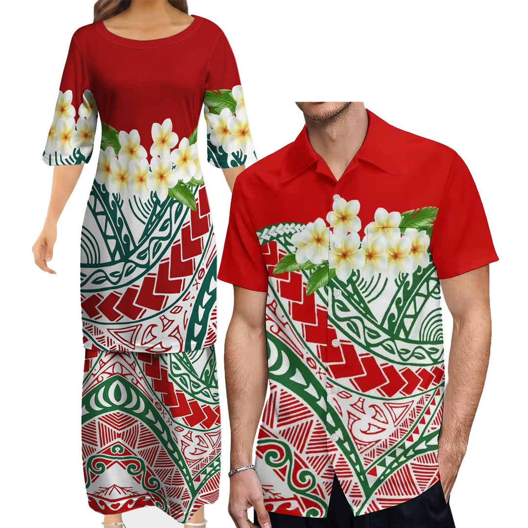 Polynesian Plumeria Flower Women's Puletasi Dress Men's Shirt Polynesian Matching Outfit