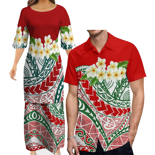 Polynesian Plumeria Flower Women's Puletasi Dress Men's Shirt Polynesian Matching Outfit