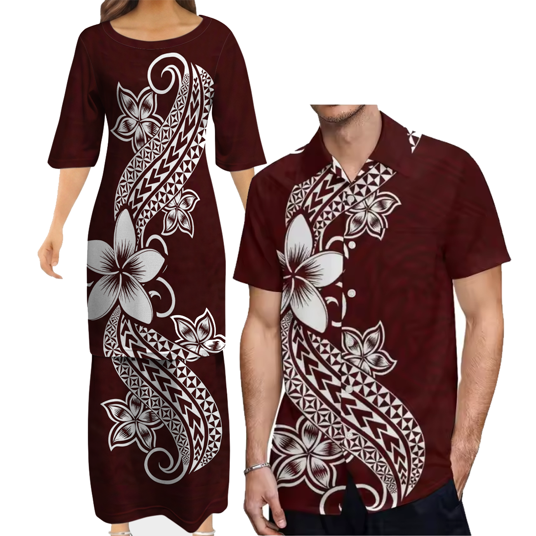 Polynesian Pattern Printed Plumeria Pattern Women's Puletasi Dress Men's Shirt Polynesian Matching Outfit