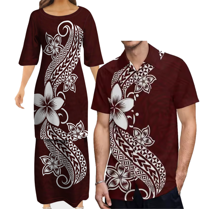 Polynesian Pattern Printed Plumeria Pattern Women's Puletasi Dress Men's Shirt Polynesian Matching Outfit