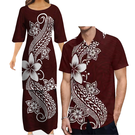 Polynesian Pattern Printed Plumeria Pattern Women's Puletasi Dress Men's Shirt Polynesian Matching Outfit