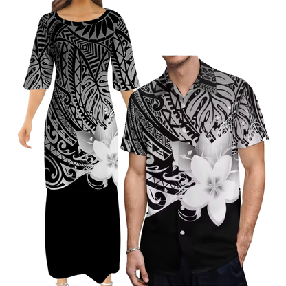 Polynesian Printed Flower Pattern Couple Outfit Polynesian Black Women's Puletasi Dress Men's Shirt Polynesian Matching Outfit
