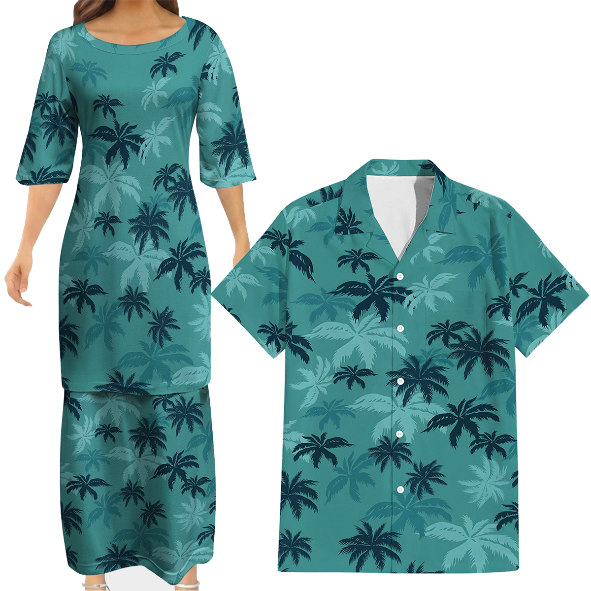 Coconut Tropical Tree Women's Dress Men's Shirt Couple Suit Polynesian Matching Outfit For Couple