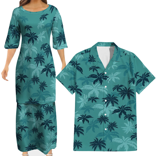 Coconut Tropical Tree Women's Dress Men's Shirt Couple Suit Polynesian Matching Outfit For Couple