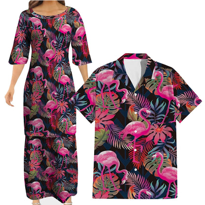 Flamingo Tropical Women's Dress Men's Shirt Couple Suit Polynesian Matching Outfit For Couple