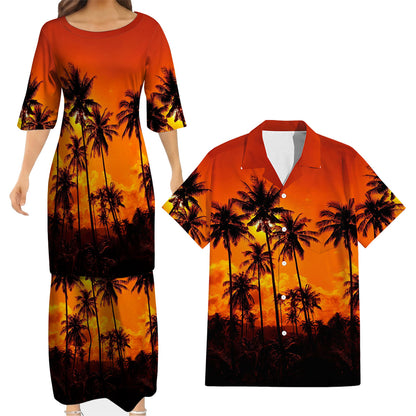 Coconut Tree Pattern Matching Outfit for Couple Women's Dress Men's Shirt Couple Suit Polynesian Matching Outfit For Couple