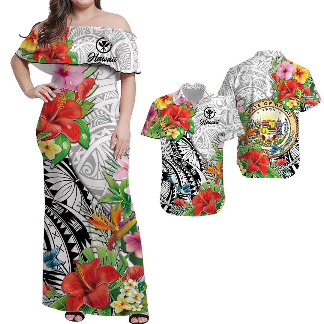 (Custom Personalised) Hawaii Couple Outfits Hawaii Hibiscus Kanaka Polynesia Combo Dress And Hawaiian Shirt