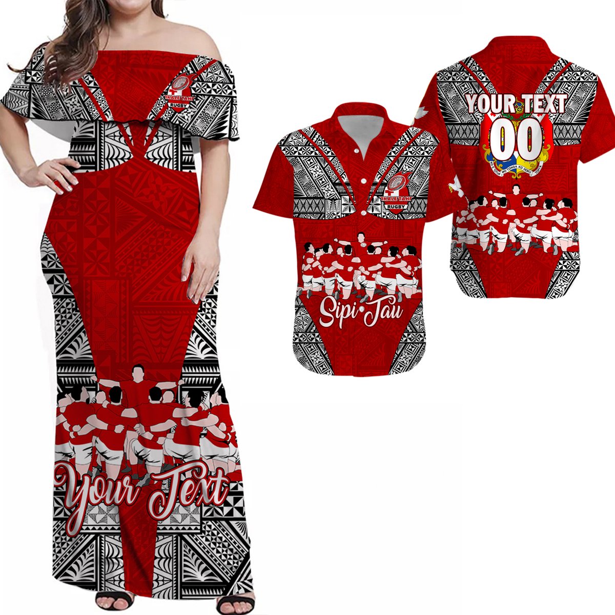 (Custom Personalised) Matching Outfits For Couples Tonga Rugby Ikale Tahi Sipi Tau Combo Dress And Hawaiian Shirt
