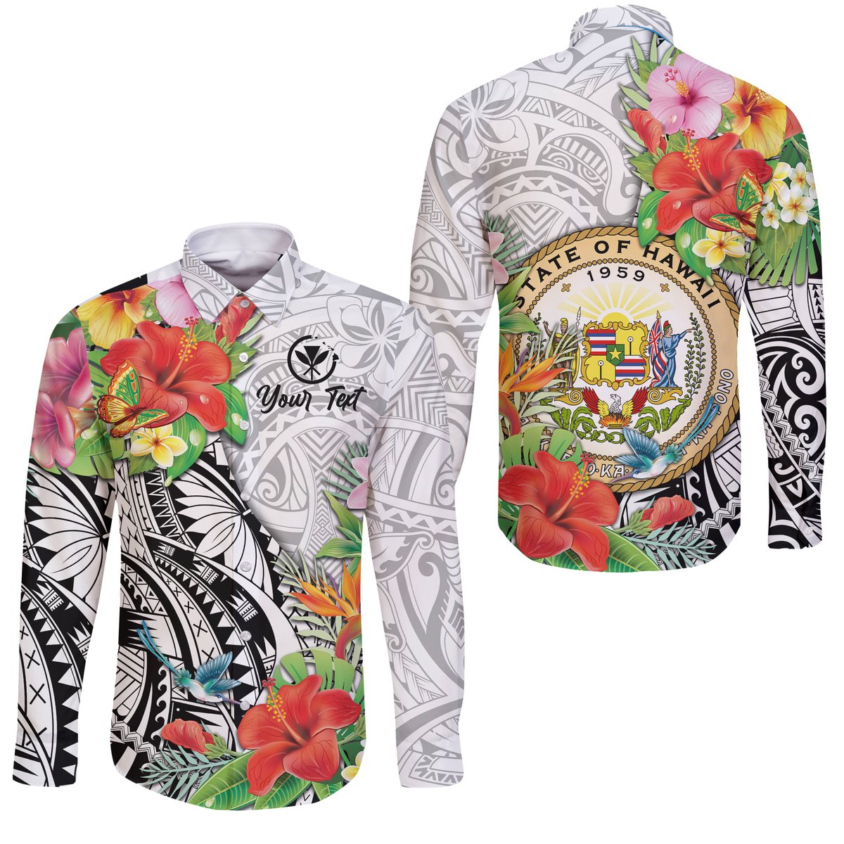 (Custom Personalised) Hawaii Hibiscus Kanaka Polynesia Long Sleeve Button Shirt
