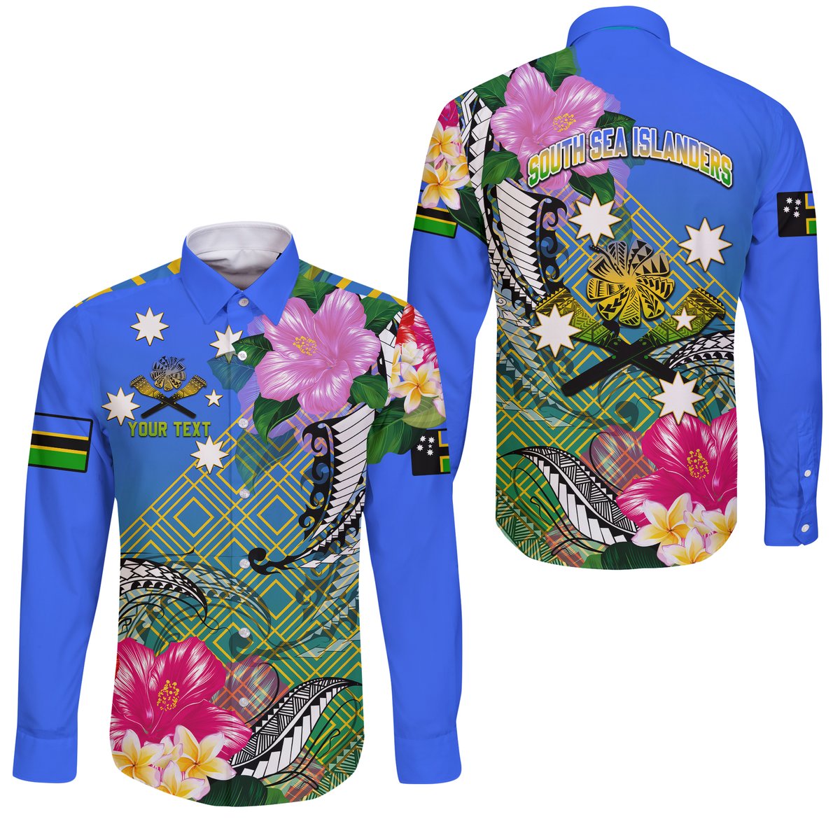 (Custom Personalised) South Sea Islanders Kanakas Hibiscus Polynesia Long Sleeve Button Shirt
