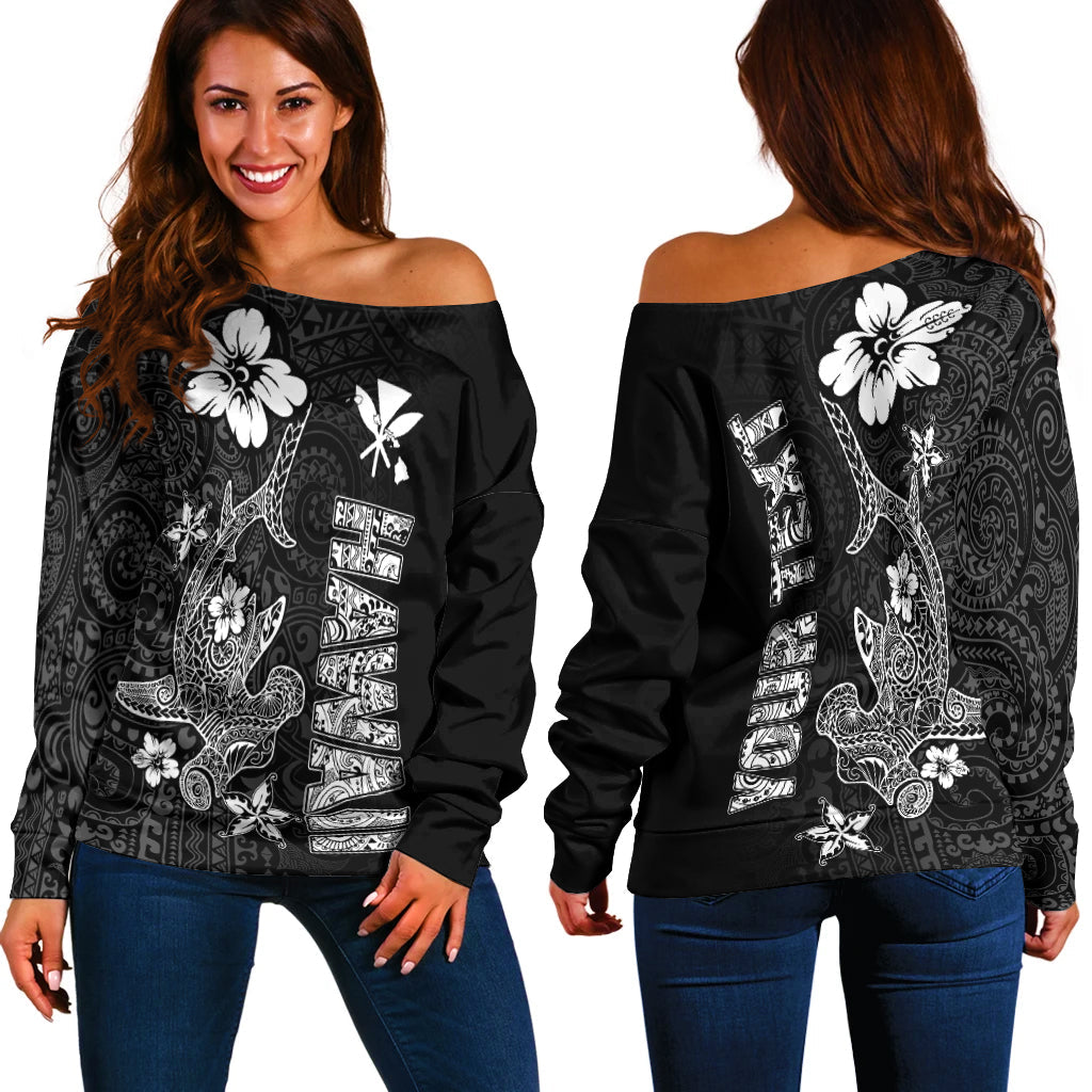 (Custom Personalised) Hawaii Hammerhead Shark Hibiscus Hawaii Pattern Women Off Shoulder Sweater