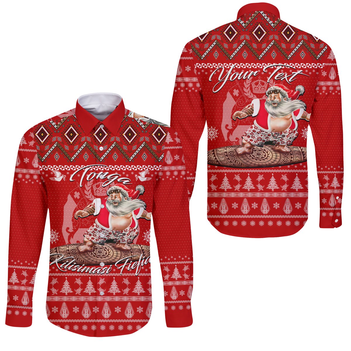 (Custom Personalised) Tonga Christmas Kilisimasi Fiefia Santas Polynesia Long Sleeve Button Shirt