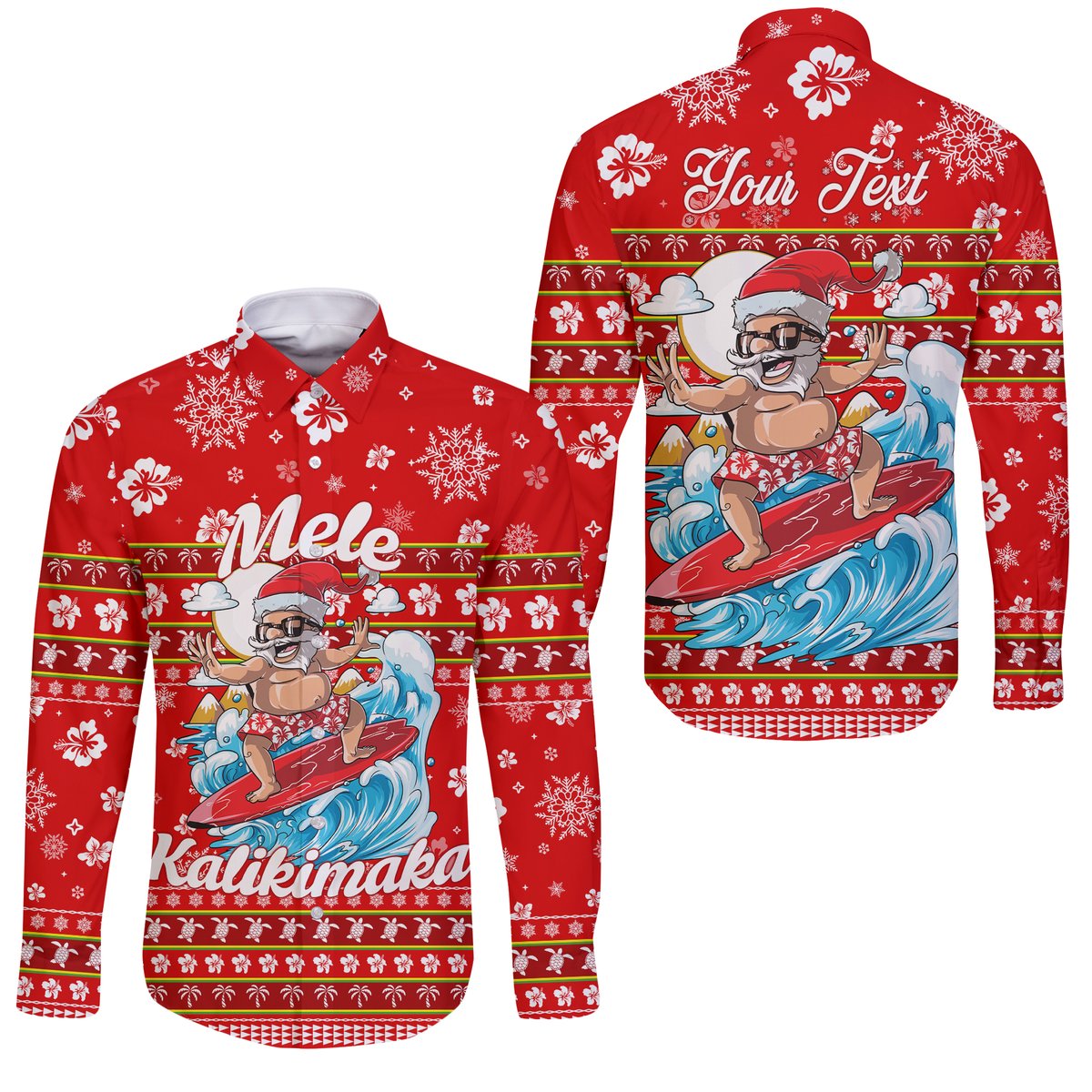 (Custom Personalised) Hawaii Christmas Santas Surf Mele Kalikimaka Sleeve Button Shirt